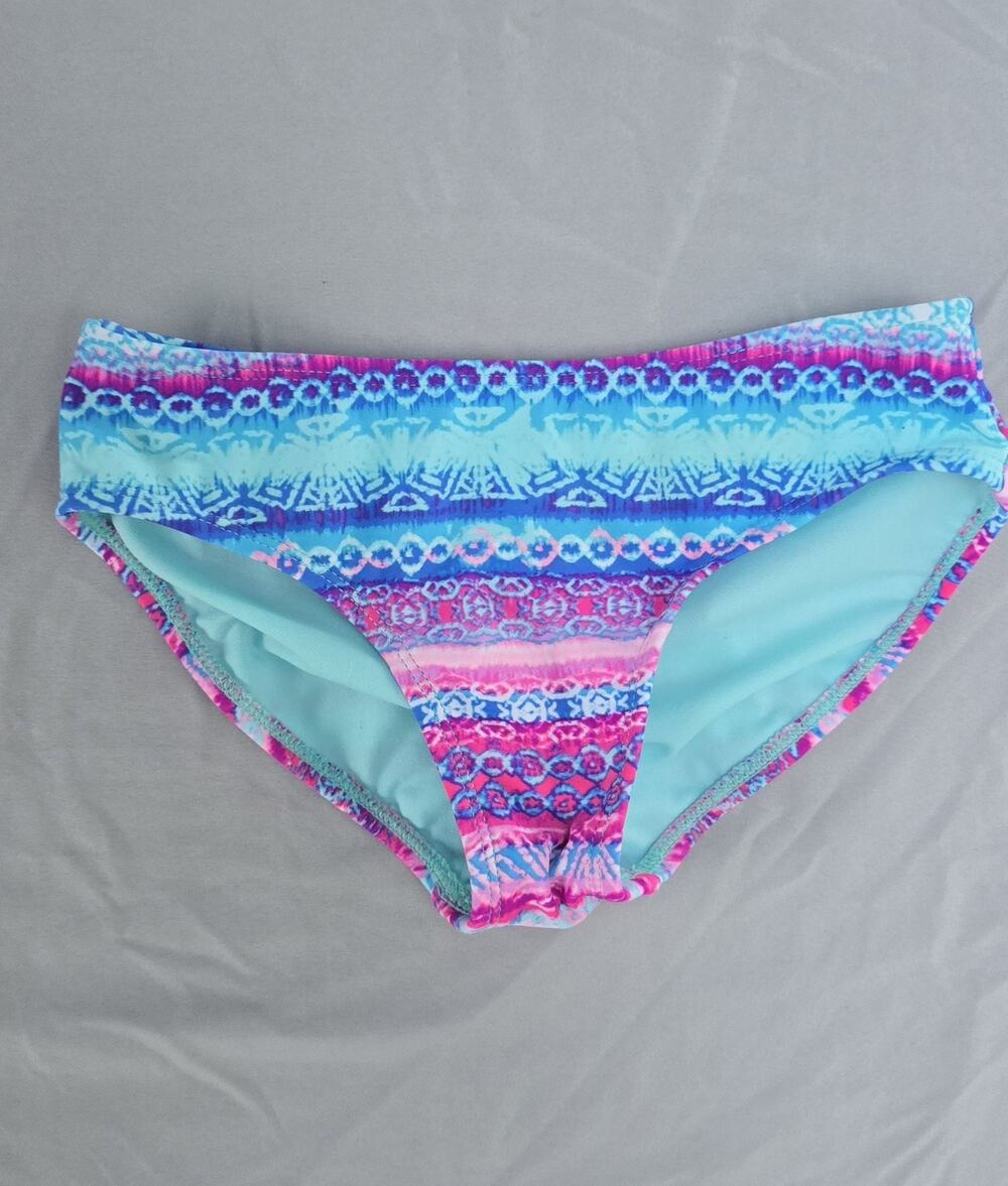 Circo Swim Bottom Girls Medium 7/8 Blue Pink Striped Bikini Brief Lined Swimwear